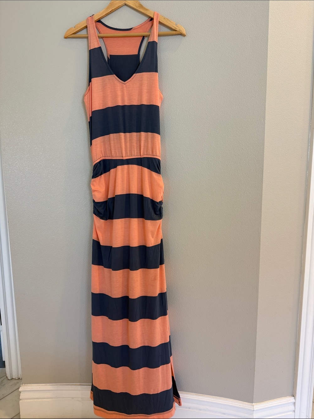 Striped Sleeveless Maxi Dress in Coral and Navy